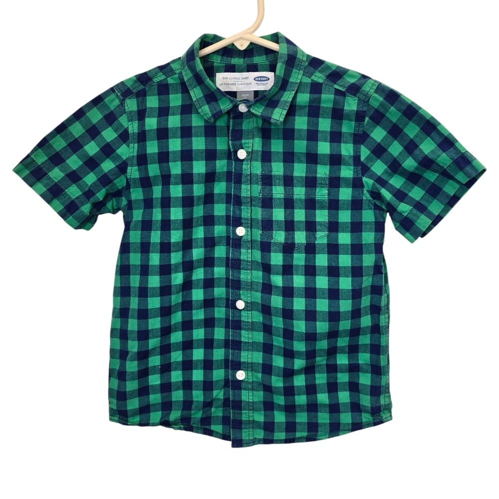 Old Navy Boys XS Classic Shirt Green Blue Plaid Short Sleeve Button Up Shirt